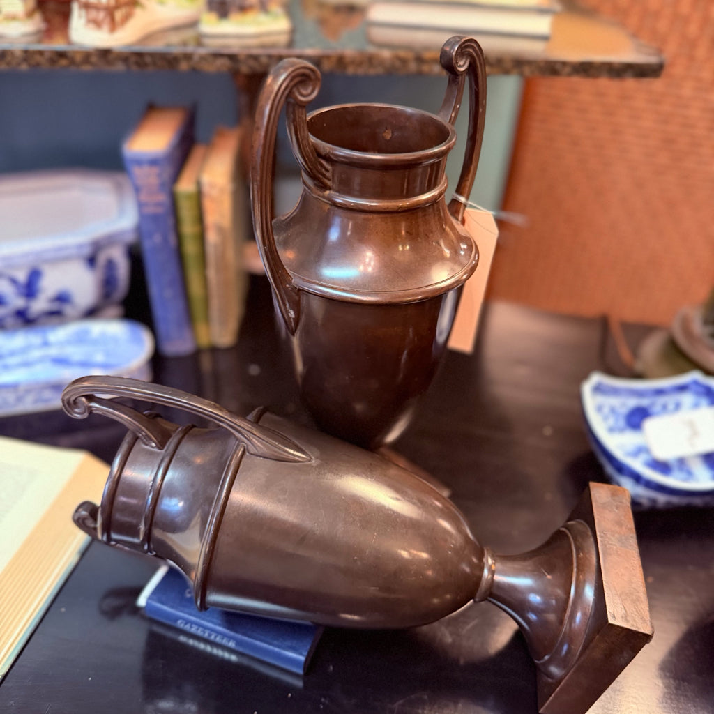 Pair Brass Grecian Trophy Vases Oriental Accents