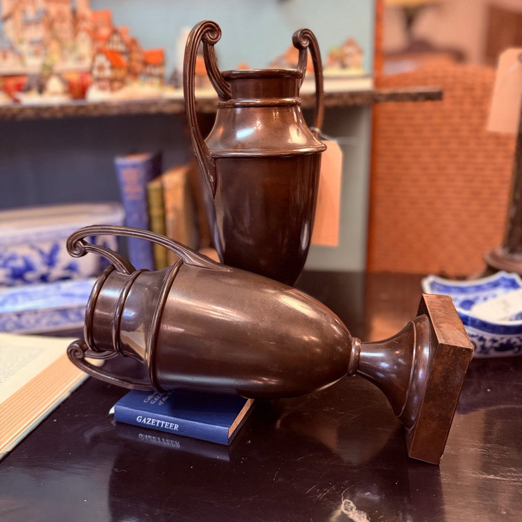 Pair Brass Grecian Trophy Vases Oriental Accents