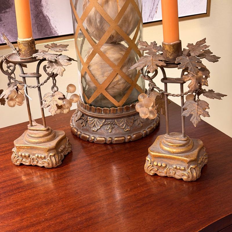 Candlesticks Pair Vintage Grape Leaf